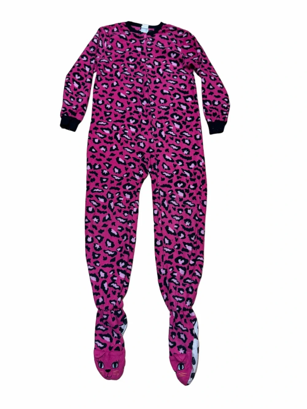 Circo Girls L 10/12 Pink Leopard Cat Footed Fleece One Piece Pajama Sleeper